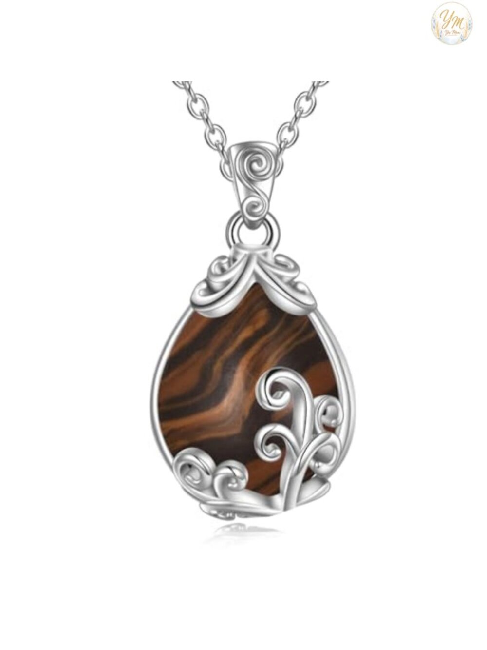 Sterling Silver Tiger Eye Teardrop Pendant Necklace Rhodium Plated 18"